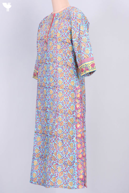 Cambric Cotton Kurta With Floral Block Print